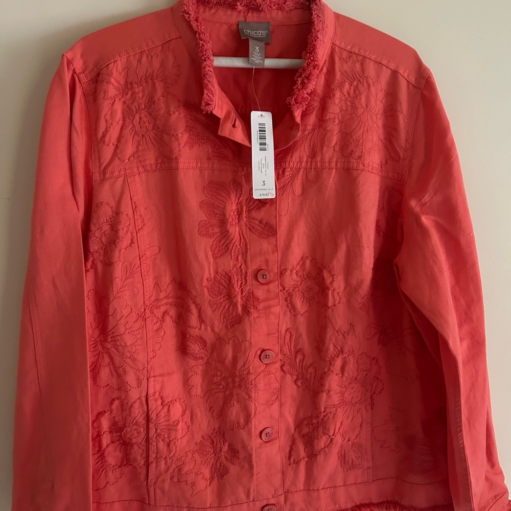 Chico's Coral Embroidered Jacket with fringed bottom & sleeve size 3